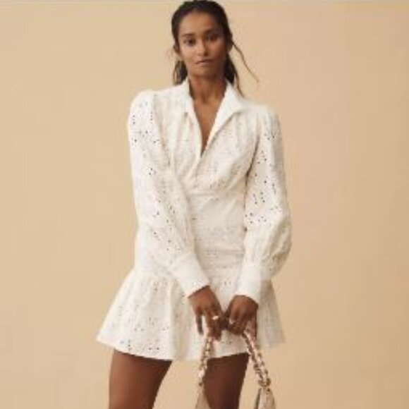 Bardot | Anthropologie Remy Lace Mini Dress Eyelet Cottage Boho Western White 4 - Picture 1 of 14